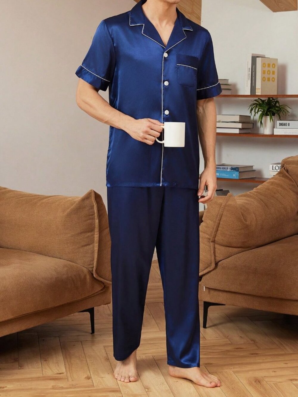 Navy Blue Loose Fit Contrast Piping Pajama Set